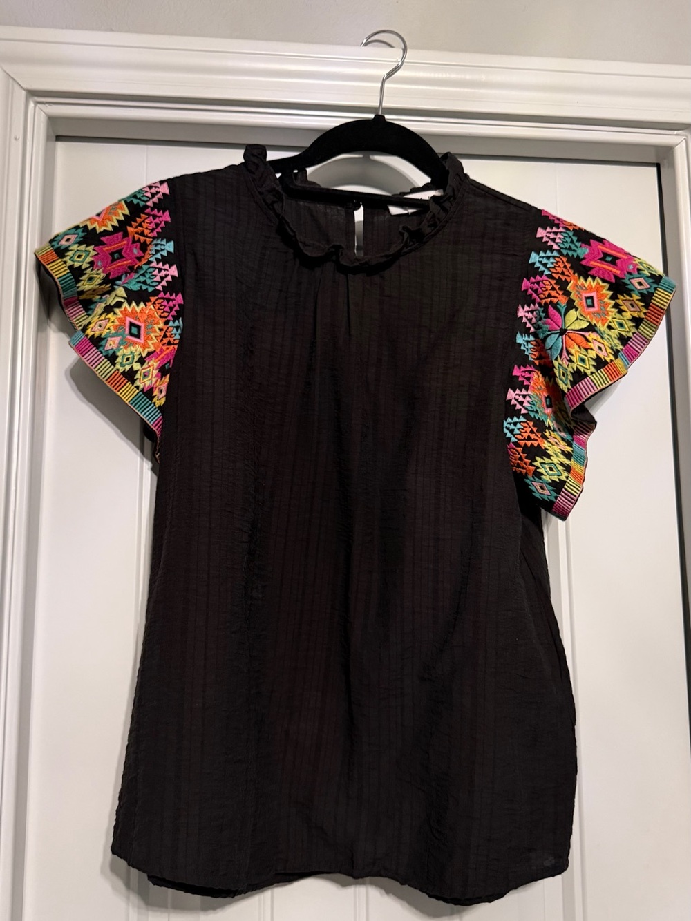 Black Top with Embroidered Sleeves